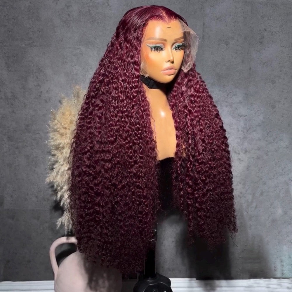 30” Burgundy Burmese Curly 13/4 HD Lace pre plucked
