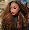 32” Brown Kinky  Curl with golden highlights 13/4 HD Lace pre plucked