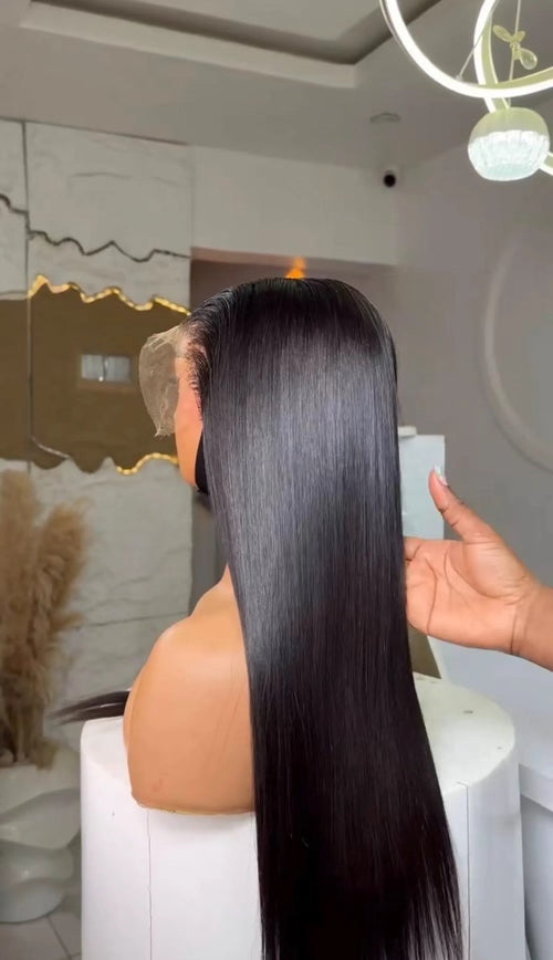 Super Double Drawn bone straight HD lace front wig back view showing ultra-sleek straight hair and full length, Grade 12A black human hair
