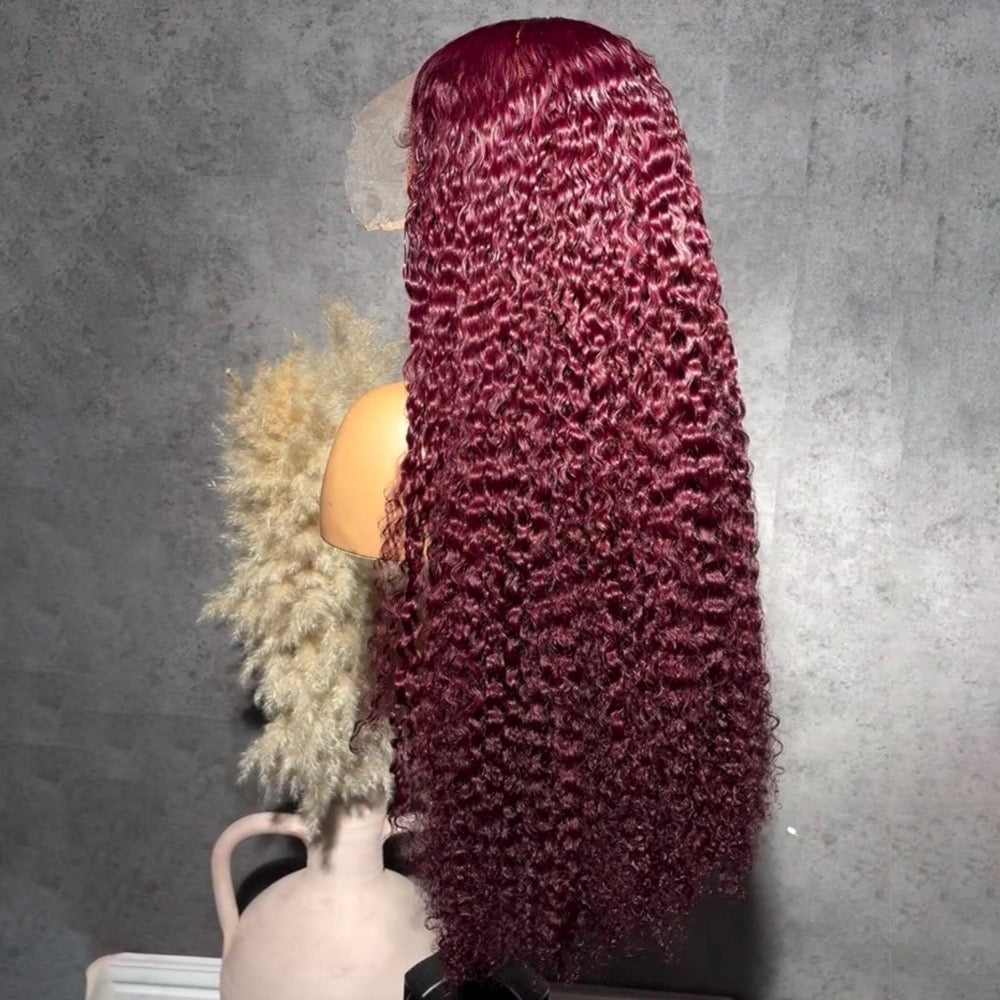 30” Burgundy Burmese Curly 13/4 HD Lace pre plucked