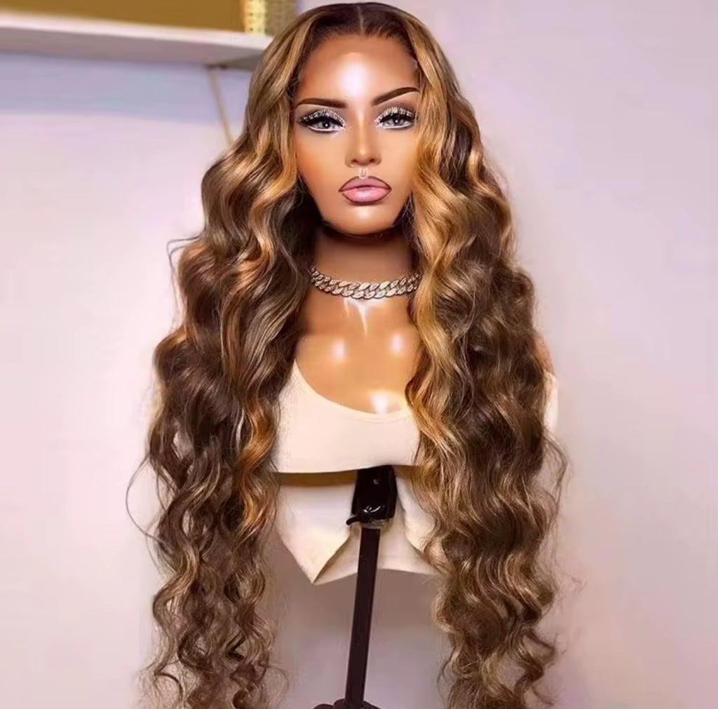 26” SDD Body Wave honey brown with caramel highlights 13/4 HD Lace pre plucked
