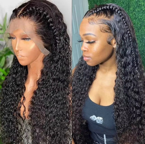 Black water wave HD lace front wig on mannequin and worn by model showing pre-plucked HD lace hairline, braided install option and voluminous loose wave texture, Grade 12A
