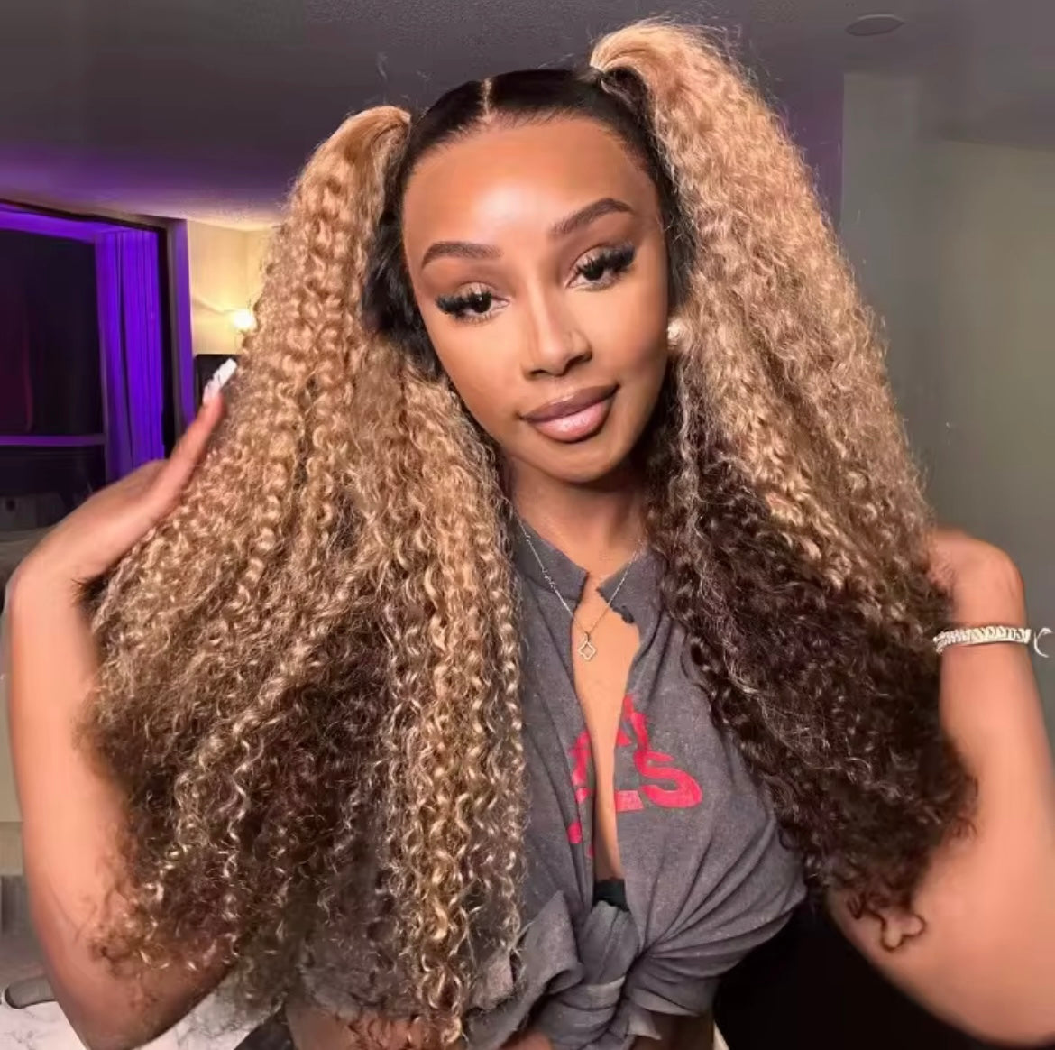 22” kinky Curly honey blonde with golden tones 13/4 HD Lace pre plucked