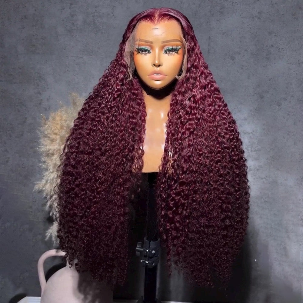 30” Burgundy Burmese Curly 13/4 HD Lace pre plucked