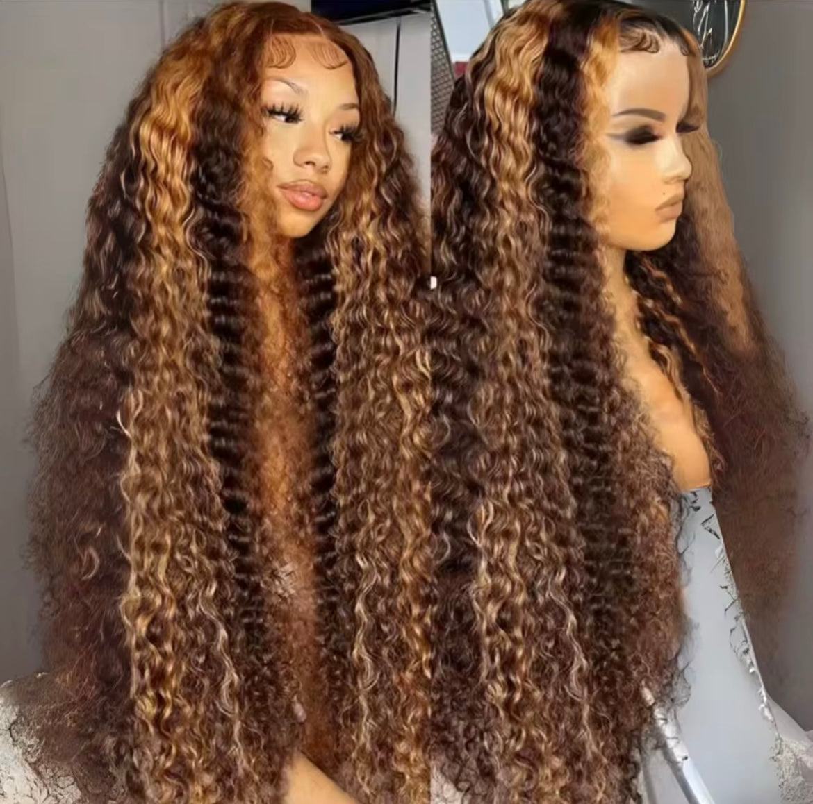 32” Brown Kinky  Curl with golden highlights 13/4 HD Lace pre plucked