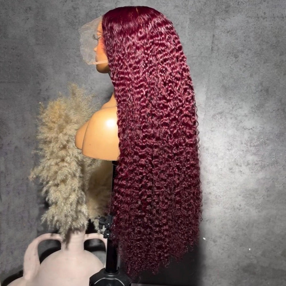 30” Burgundy Burmese Curly 13/4 HD Lace pre plucked