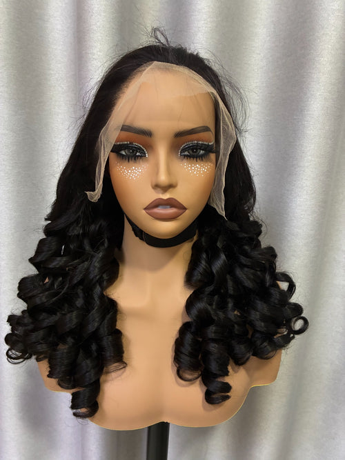 SDD black bouncy curl HD lace front wig front view on mannequin showing HD lace hairline and defined spiral curl texture, Grade 12A

