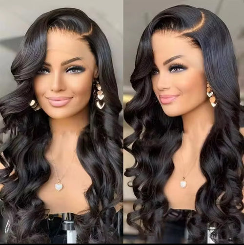 Super Double Drawn body wave HD lace front wig two-angle view showing natural wave pattern and full volume, black human hair
