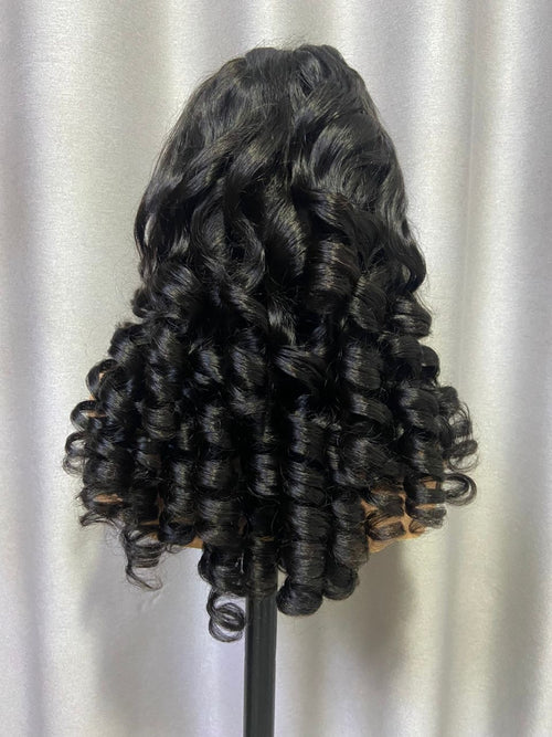 Super Double Drawn black bouncy curl HD lace front wig side view showing tight spiral curl definition and volume, Grade 12A human hair
